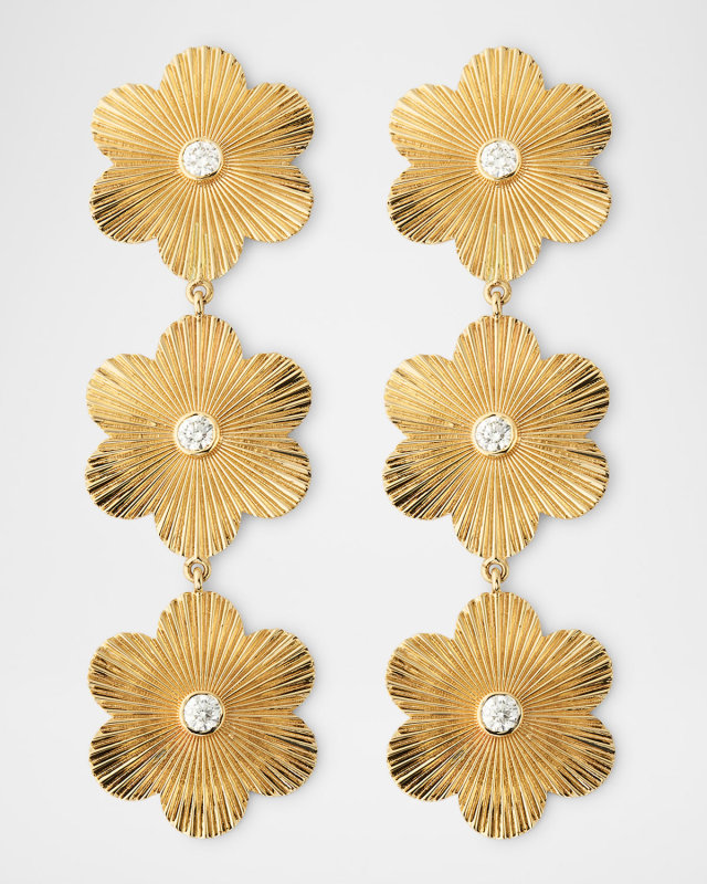 14K Yellow Gold Fluted Flower Diamond Earrings